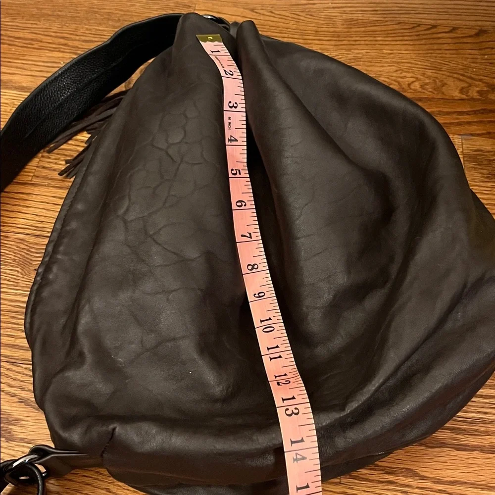 DanAzan slouchy one shoulder bag in brown leather with black adjustable strap